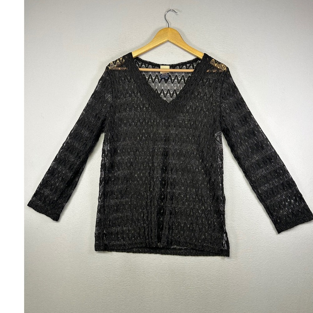 Whimsigoth Faded Glory Women M Black Metallic Chevron Sheer Crochet Cover Up Top